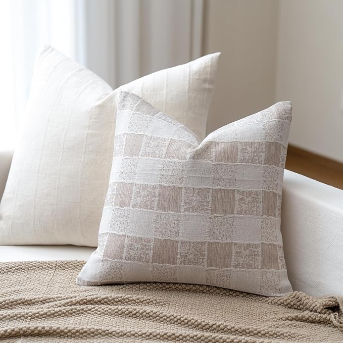 Decorative Neutral Throw Pillow Covers 18x18 Farmhouse Pillow Covers Cotton Check Cushion Covers Home Decor for Sofa Couch Living Room Bedroom 1PC, Taupe Check