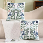 Tosleo Flower Embroidered Throw Pillow Covers 16x16 Pack of 2 Green Leaves with Birds Floral Tufted Pillowcases Spring Summer Decor Coastal Pillow Cushion Cases Square Navy Blue Flower Pillow Case