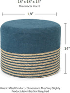 · REDEARTH · Cylindrical Pouf Foot Stool Ottoman - Jute Braided Pouffe Poof Accent Sitting Footrest for Living Room, Bedroom, Nursery, Patio, Lounge & Other Rooms (Teal Natural, 18"X18"X14")