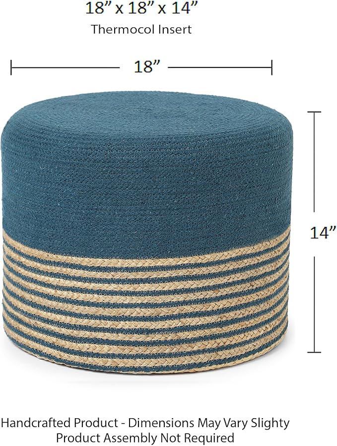 · REDEARTH · Cylindrical Pouf Foot Stool Ottoman - Jute Braided Pouffe Poof Accent Sitting Footrest for Living Room, Bedroom, Nursery, Patio, Lounge & Other Rooms (Teal Natural, 18"X18"X14")