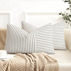 YCOLL Farmhouse Pillow Covers 12x20, Modern Accent Lumbar Throw Pillow Covers Set of 2, Black and Beige Striped Patchwork Linen Decorative Pillows Cushion Covers for Couch Chair Bedroom Home Decor