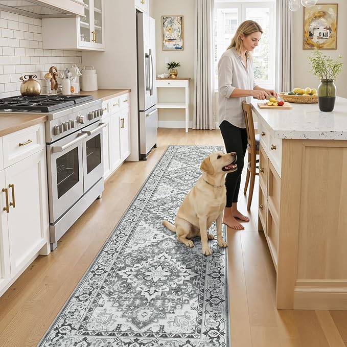 Lessymo Runner Rug for Hallway 2 x 8, Machine Washable Area Rugs Boho Faux Wool Low Pile Area Rug for Bedroom, Floral Medallion Vintage Rugs with Non-Slip Rubber, Grey Beige