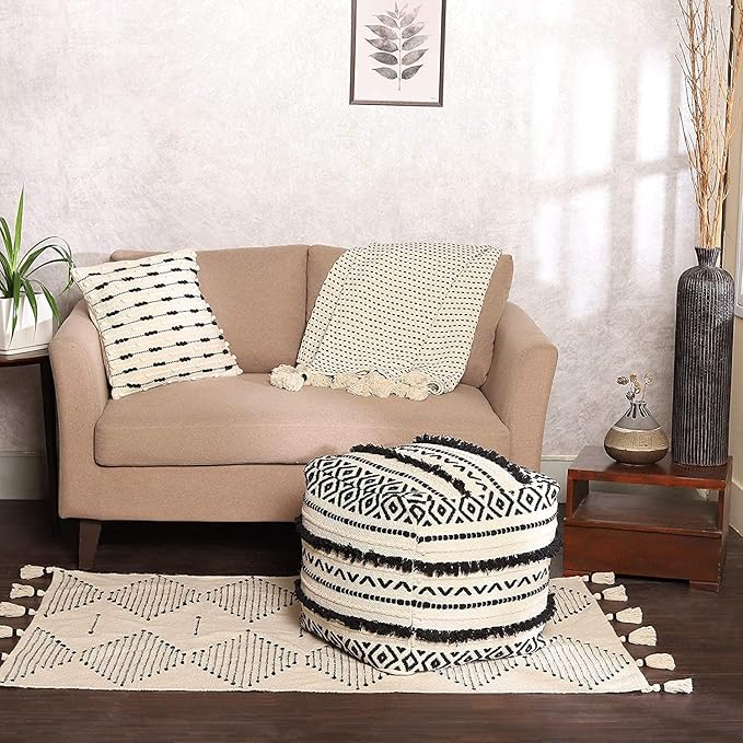 REDEARTH · UNSTUFFED Pouf Ottoman Cover Textured Boho Storage Cube Bean Bag Farmhouse Poof Pouffe Footrest for Living Room, Bedroom, Kidsroom; 100% Cotton (18"X18"X18"; Black Natural)