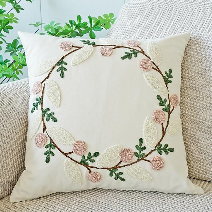 vctops Floral Embroidered Pillow Covers 18x18 Inch Spring Summer Cotton Tufted Throw Pillow Cover Outdoor Garden Cushion Case for Sofa, Bed, Living Room (Flower B,18"x18")