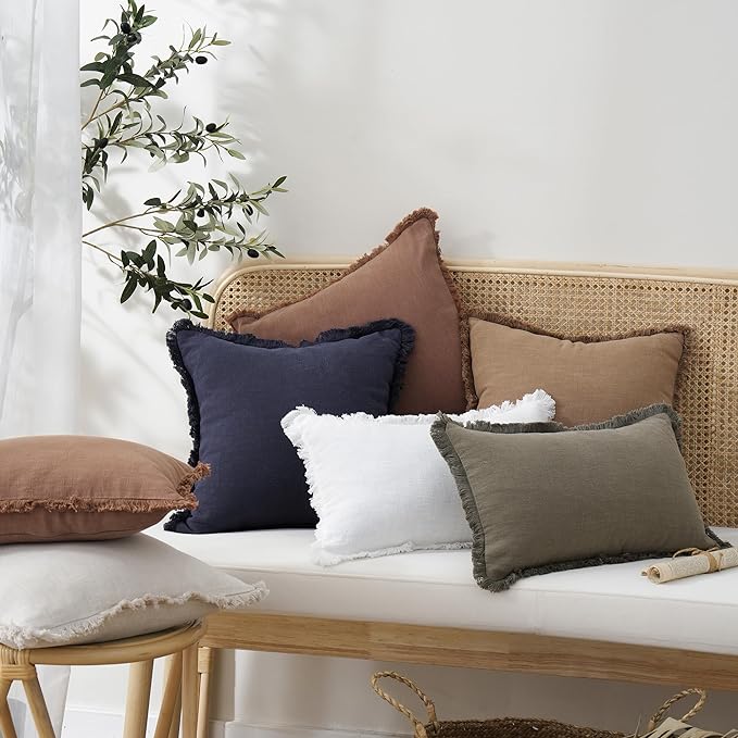 Foindtower Set of 2 Decorative Linen Fringe Throw Pillow Covers Boho Farmhouse Cushion Cover with Tassels Accent Pillowcase for Couch Bed Sofa Living Room Home Bedroom Decor, 12×24 Inch, Khaki Brown