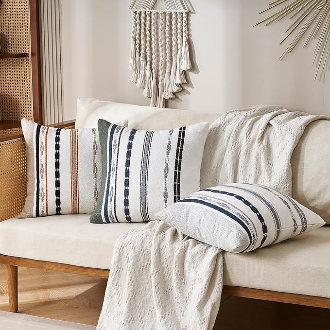 Chenille Boho Pillow Covers 18x18 Inch Decorative Throw Pillow Covers Striped Square Pillowcase Covers Modern Farmhouse Home Decor Pillow Protectors with Zipper Standard Size, Set of 2