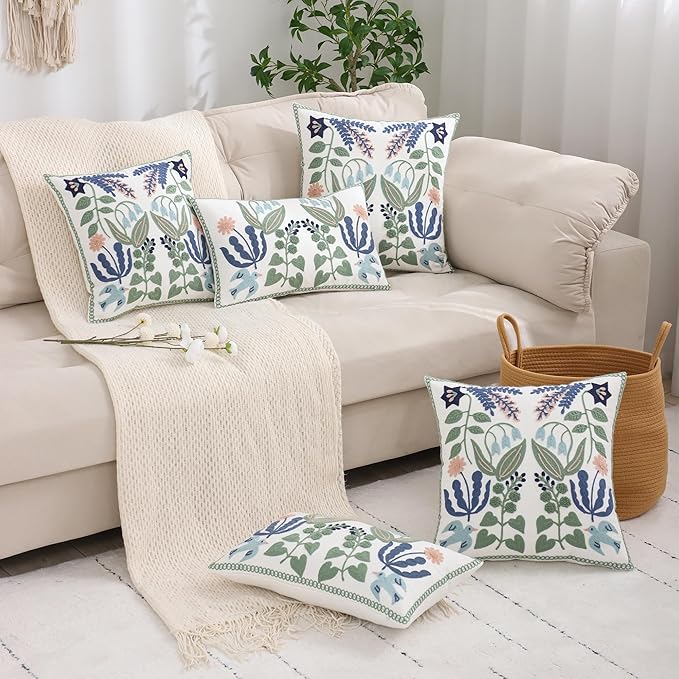 Tosleo Embroidered Pillow Covers 18x18 Pack of 2 Green and Navy Blue Leaves with Birds Embroidered Throw Pillow Covers Floral Tufted Pillowcases Spring Summer Decorative Coastal Pillow Cushion Cases