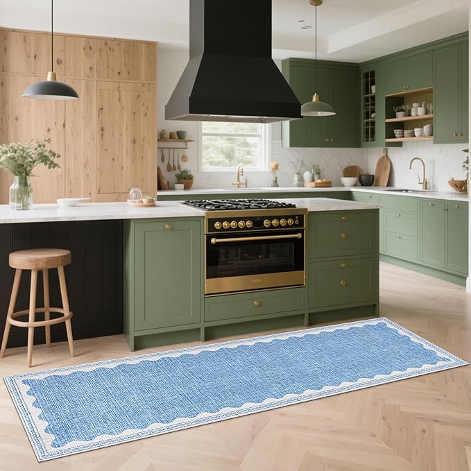 GarveeHome 2x10 Runner Rug for Hallway Washable Kitchen Rugs Non Slip Solid Blue Modern Minimalism Soft Low-Pile Scalloped Indoor Carpet for Entryway Laundry Room Floor Mats