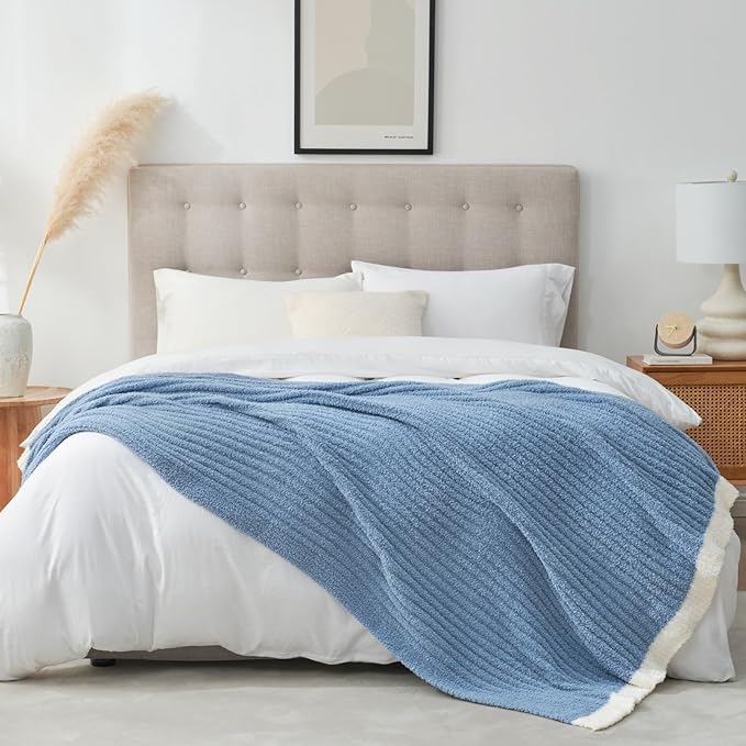 Snuggle Sac Ribbed Blue Throw Blanket for Couch, Microfiber Knit Stripe Throws, Soft Fuzzy Blankets for Couch, Sofa, Travel, Blue, 50x60 inches