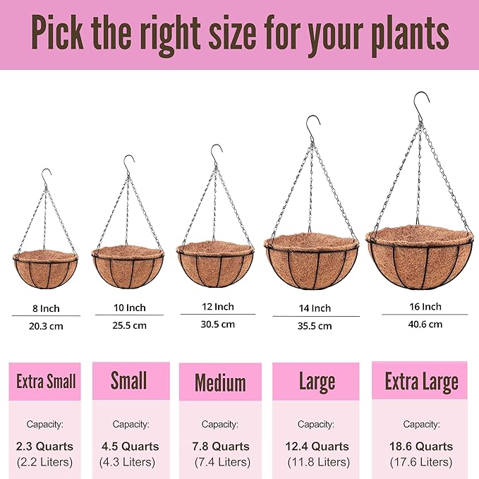 LaLaGreen Hanging Planters for Outdoor Plants (2 Pack, 12 Inch) Hanging Baskets with Coco Liner Flower Pots, Metal Wire Round Plant Holder Hanger Hook Chain Deck Porch Garden Balcony Farmhouse Decor