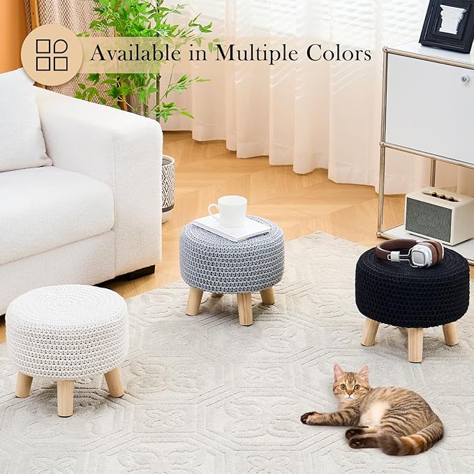 Boho Ottoman Foot Stool Cotton Knitted Round Pouf Ottoman Foot Rest Stool with Non-Skid Wooden Legs Step Stool Padded Seat for Living Room White