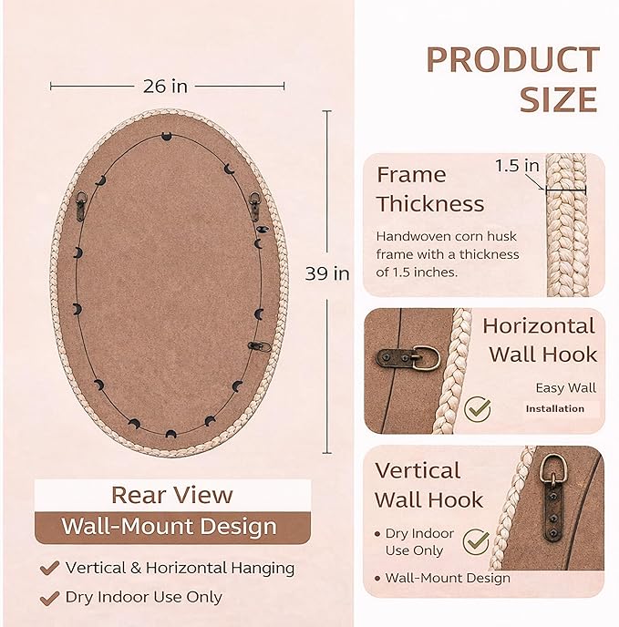 26" x 39" Oval Wall Mirror, Handwoven Natural Corn Husk Fiber with Light Whitewashed Finish, Boho Coastal Style for Entryway, Bedroom, Living Room, Vertical & Horizontal Hanging