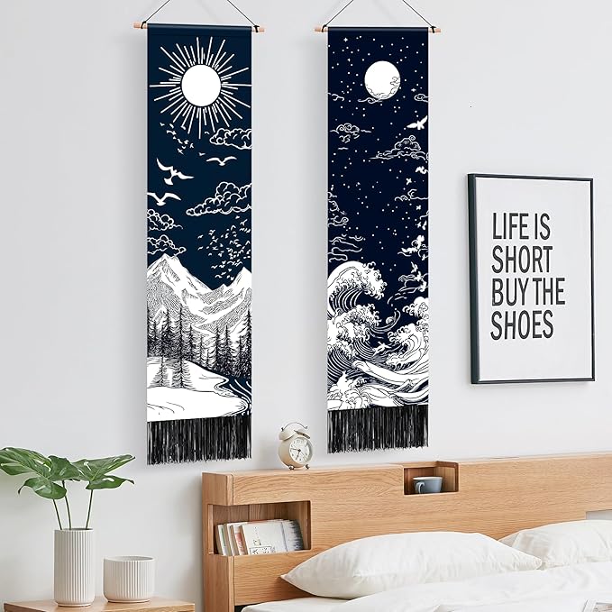 AOHMPT Pack of 2 Long Vertical Tapestry,Nature Landscape Tapestry with Serene Mountain River, Moon & Sun Motifs,Traditional Ink Painting Wall Art,Zen Aesthetic Wall Hanging for Living Room Bedroom Decor 13" W x 51" H"