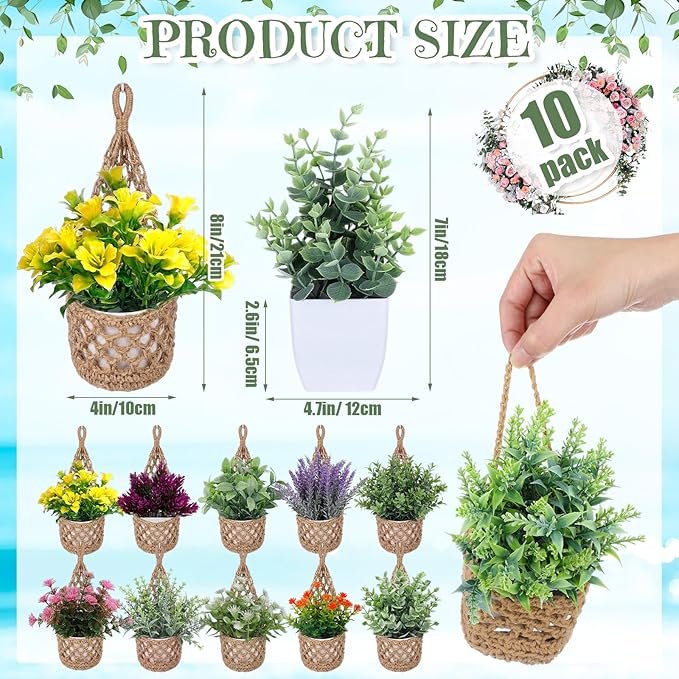 10 Pack Macrame Wall Plant Hanger with Artificial Pot Flower - Boho Wall Hanging Planter for Indoor Plant Cotton Rope Holder with Mini Fake Pot Flower for Home Wedding Decor Gift(Jute)