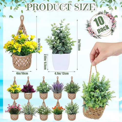 10 Pack Macrame Wall Plant Hanger with Artificial Pot Flower - Boho Wall Hanging Planter for Indoor Plant Cotton Rope Holder with Mini Fake Pot Flower for Home Wedding Decor Gift(Jute)