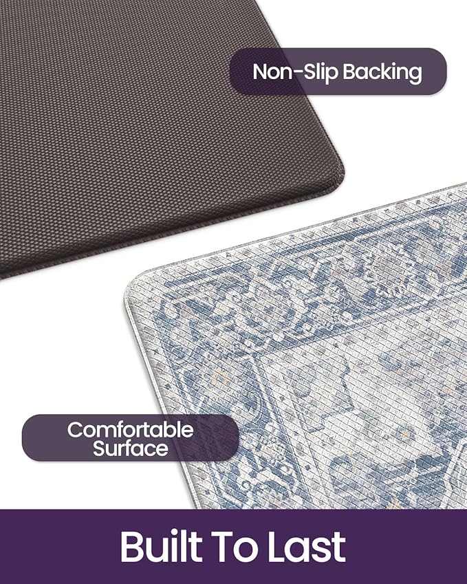 DEXI Kitchen Floor Mats Anti Fatigue, 23x86 Large Long Cushioned Vintage Runner Rug Waterproof, Standing Comfort Memory Foam Padded for Front Sink Laundry Office, Light Grey and Blue