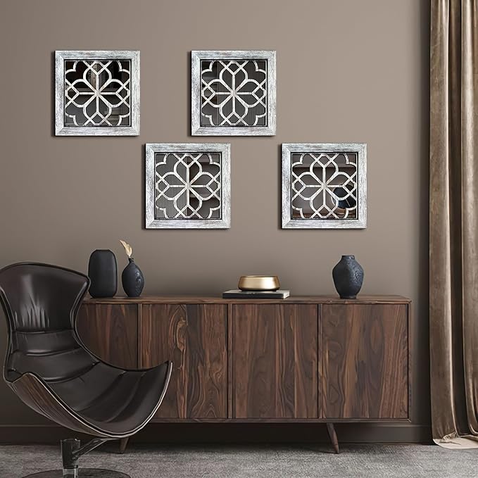 Set of 4 Boho Wall Mirrors with Carved Floral Design, 12x12 Inch Rustic Farmhouse Accent Mirrors, Vintage Style Shatterproof Square Mirror Decor for Living Room, Bedroom(Grey)
