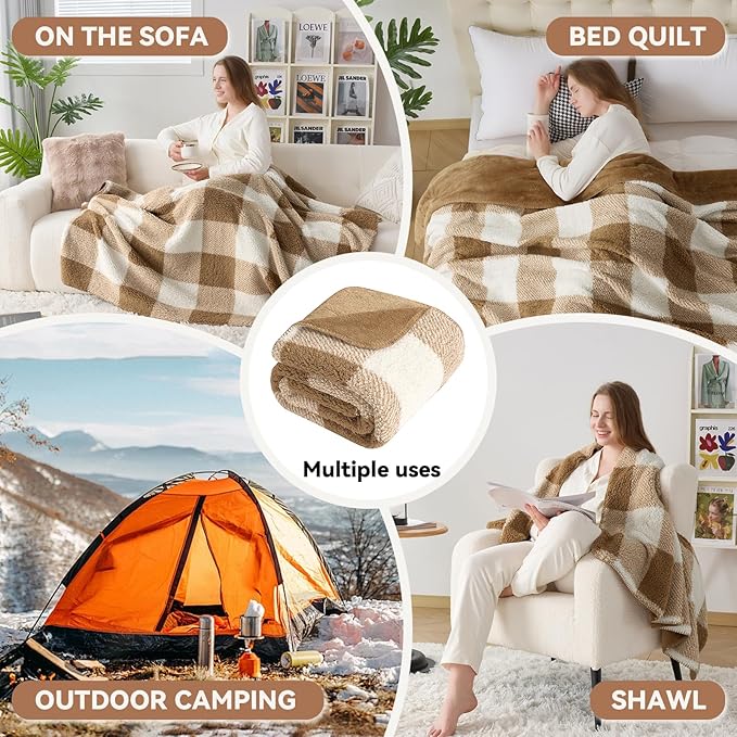 LURKA Checkered Sherpa Fleece Throw Blanket – Soft and Cozy, Medium Weight for All Season, Plush Throw for Couch, Bed, Dorm & Pets, Brown, 60x80 Inches