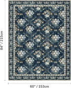 Lessymo Floral Living Room Rug 5x7, Soft Washable Area Rugs for Bed Room Dining Room, Soft Low Pile Carpet with Non Slip Backing Distressed Indoor Boho Carpet, Navy/Beige