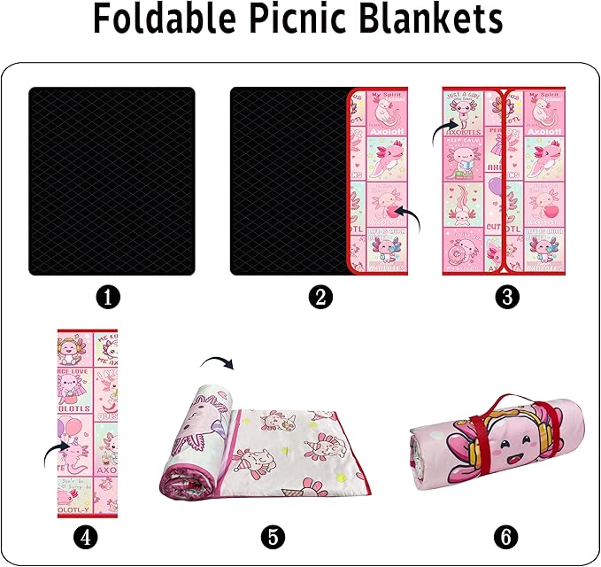 Extra Large Picnic Blankets Waterproof Foldable (80"x 80") Axolotl Beach Blanket Waterproof Sandproof,3-Layer Thicking Mat Outdoor Packable Camping Blanket