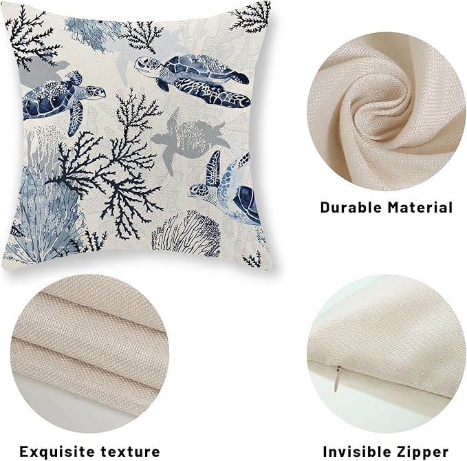 Nautical Coastal Pillow Covers 20x20 Set of 2 Beach Themed Ocean Coral Sea Turtle Decorative Throw Pillows Blue Outdoor Decor Pillow Cases Linen Farmhouse Cushion Case for Sofa Home Holiday