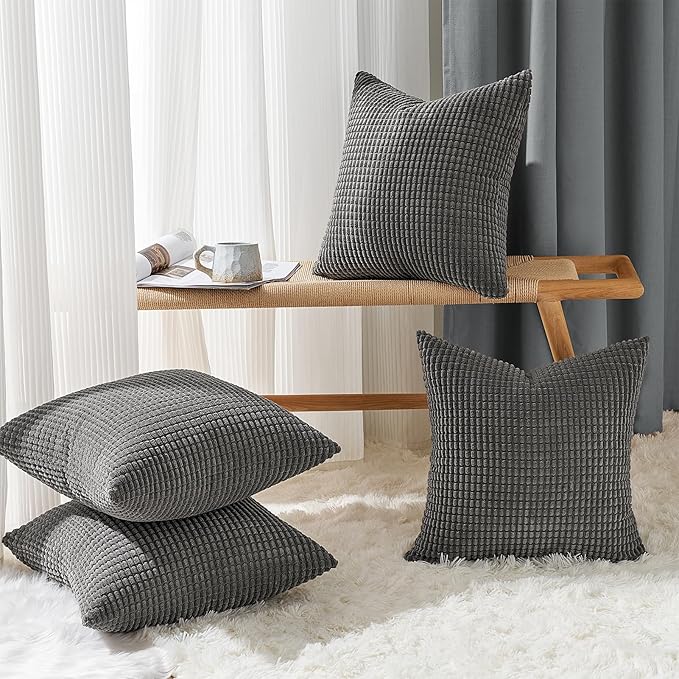 Topfinel 22x22 inches Euro Pillow Shams Set of 4 Soft Corduroy Decorative Throw Pillow Covers for Bedroom Living Room Boho Textured Striped Patchwork Couch Pillow Covers 55x55 cm Darkgrey