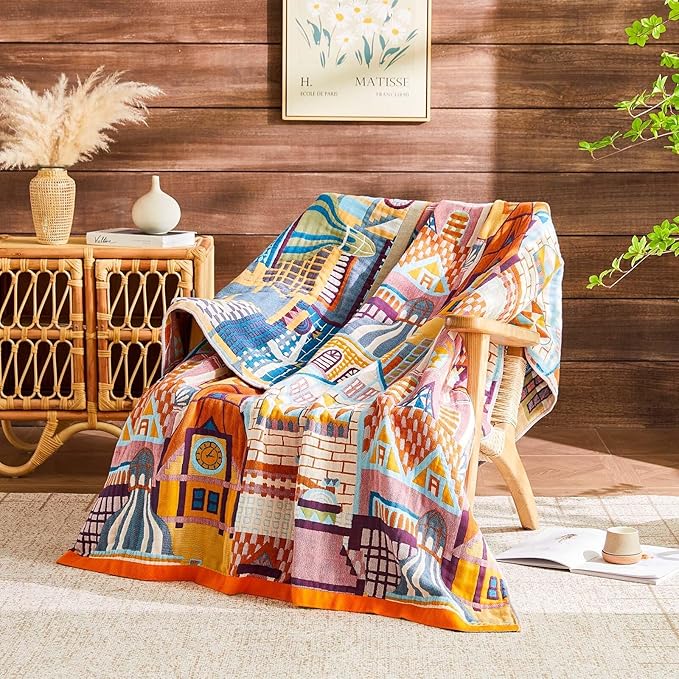 Boho Throw Blanket 100% Cotton Muslin Woven Blanket Bohemian Bed Throws Vintage Rustic Farmhouse Decor Reversible Bed Blanket Quilt for All Seasons（Pink 60"x80"）