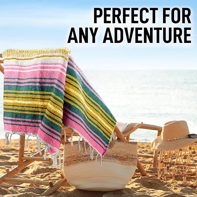 Hydration Nation Authentic Large Handwoven Mexican Striped Throw Blanket - Soft, Durable, Eco-Friendly - 70"x50" - Sunshine