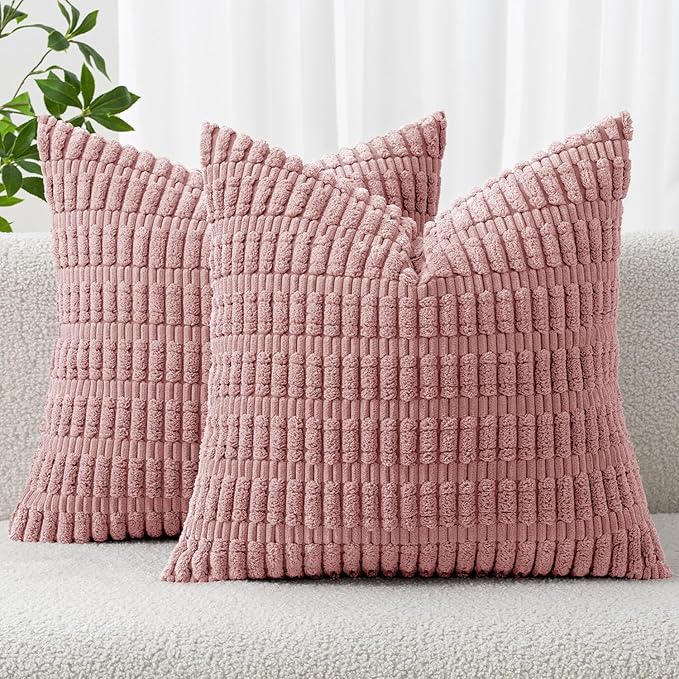 MIULEE Pack of 2 Corduroy Decorative Throw Pillow Covers 16x16 Inch Soft Boho Striped Pillow Covers Modern Farmhouse Home Decor for Sofa Living Room Couch Bed Blush Pink Spring Valentine Decor