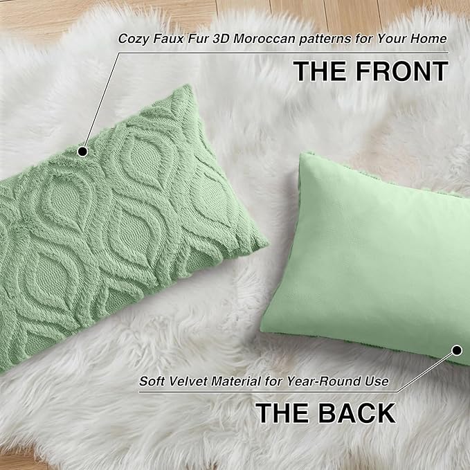 decorUhome Cozy Textured Throw Pillow Covers 12x20 Inch Set of 2, Soft Plush Faux Wool Sage Green Accent Couch Pillow Covers for Modern Farmhouse Sofa Bed Living Room
