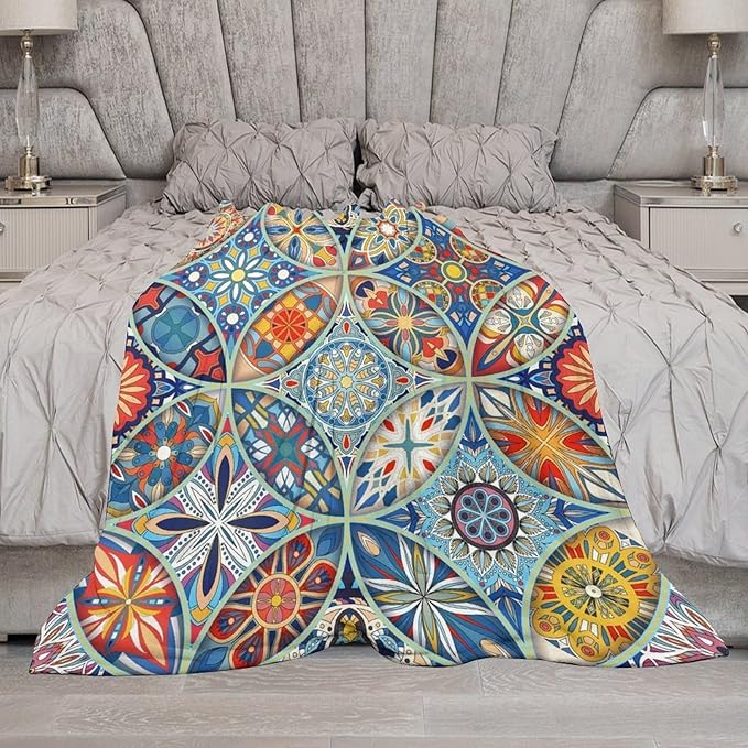 Boho Floral Throw Blanket Colorful Bohemian Mandala Blanket for Sofa Bed Couch Chair Or Dorm 70"x80"