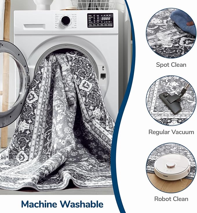 Lessymo 2 x 6 Runner Rug, Machine Washable Area Rugs Boho Faux Wool Low Pile Area Rug for Bedroom, Floral Medallion Vintage Rugs with Non-Slip Rubber,Grey White