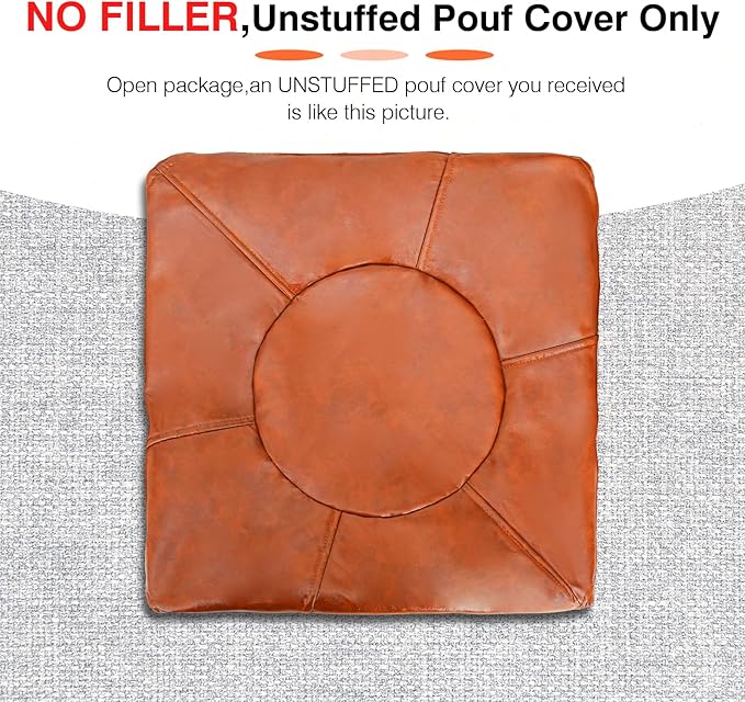 Unstuffed Ottoman Pouf Cover 20 X 15 Inch, Round Pu Leather Foot Stool, Floor Bean Bag(No Filler), Foot Rest with Storage for Living Room/Bedroom/Office, Orange