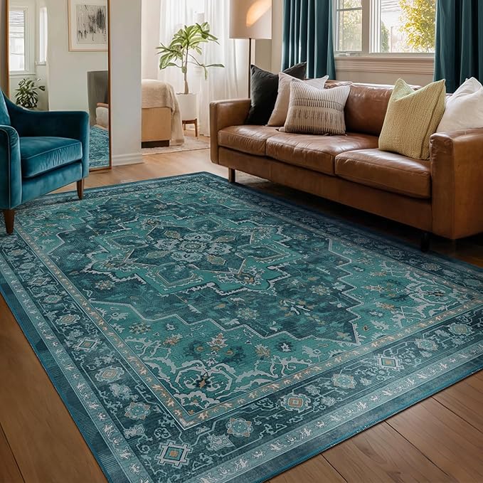 Luxurious Teal Living Room Rug 6x9, Washable Non Slip Rug for Dining Room Under Table, Vintage Medallion Vibrant Low Pile Thin Carpet Rugs for Bedroom Den Home Office