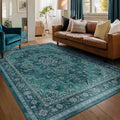 Luxurious Teal Living Room Rug 6x9, Washable Non Slip Rug for Dining Room Under Table, Vintage Medallion Vibrant Low Pile Thin Carpet Rugs for Bedroom Den Home Office