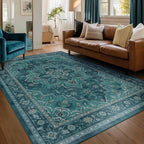 Luxurious Teal Living Room Rug 6x9, Washable Non Slip Rug for Dining Room Under Table, Vintage Medallion Vibrant Low Pile Thin Carpet Rugs for Bedroom Den Home Office