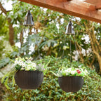 Glitzhome 30" H Hanging Planter with Solar Lights, Black Plastic Garden Planting Pot for Patio Front Porch Balcony or Inside Home, Set of 2