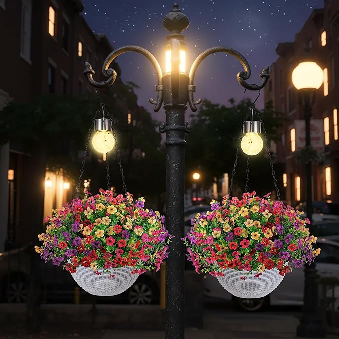 Artificial Faux Hanging Plants Flowers Basket for Spring Outdoor Outside Decorations, Fake Silk Daisy Look Real,Ferns in Planter UV Resistant Realistic for Front Door Yard Farmhouse Wedding Decor