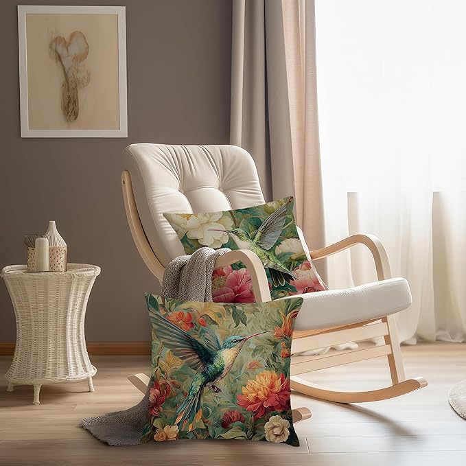 Vintage William Morris Hummingbird Pillow Cover 18x18 Set of 2,Rustic Green Hummingbird Bird Animal Floral Botanical Print Decorative Throw Pillow Covers for Home Bedroom Living Room