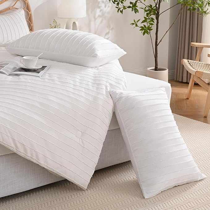 JELLYMONI Pillowcases Standard Size Bright White 2 Pack Boho Striped Bed Pillow Covers 20x26in Polyester Envelope Pillow Shams Tufted Bohemian Textured (Pillows are not Included)