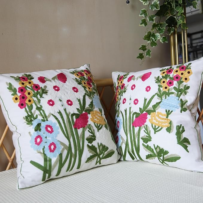 Embroidered Throw Pillow Cover Boho Floral Pillow Covers for Couch Sofa 3D Big Flowers Bohemian Pillow Covers Red Blue White Botanical Leaves 2PCS Pillowcase Covers 18x18 Inch
