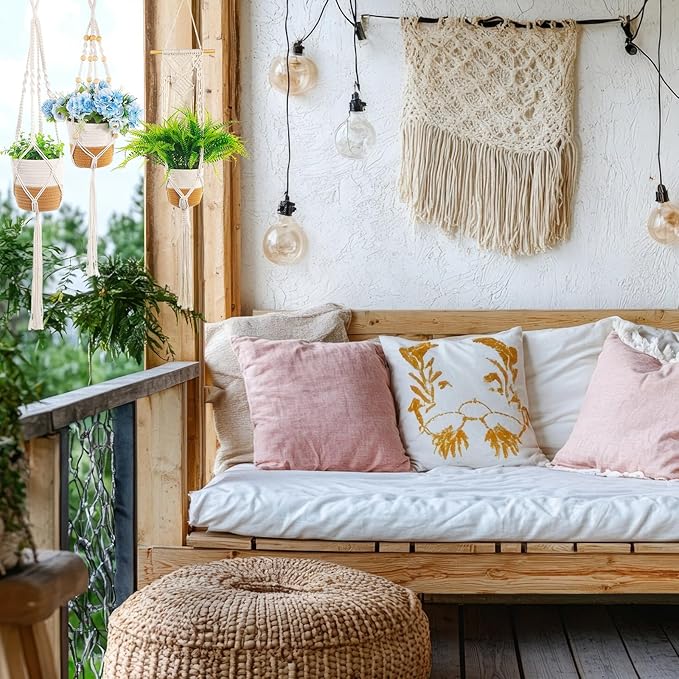 Janinka 7 Pack Hanging Planter Basket Set, Cotton Rope Macrame Woven Plant Hanger, Indoor Plant Boho Hanger Basket, Hanging Wall Plants Flower Pots with Hooks for Outdoor Home Decorations