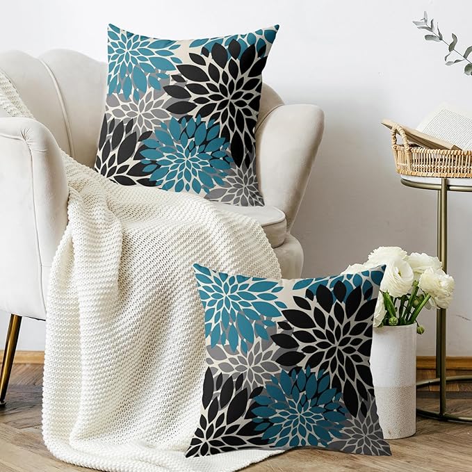 Black Turquoise Blue Pillow Covers 18X18 Inch Set of 2, Spring Summer Floral Dahlia Flower Cream Decorative Throw Pillow Covers Outdoor Modern Farmhouse Cushion Case for Home Couch Sofa Bed Decor