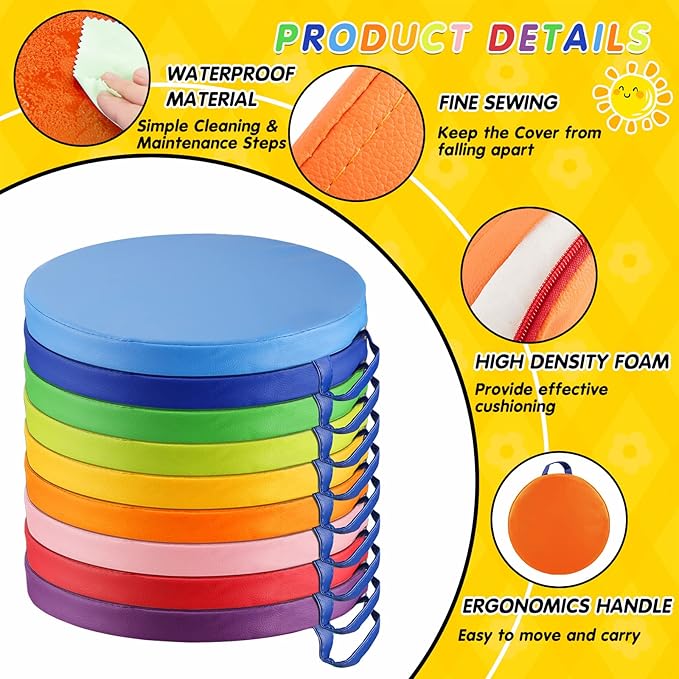 Marsui 18 Pcs Round Floor Cushions for Classroom, 12" Flexible Floor Seating with Handle for Kids Students Colorful Seats for School Kindergarten Daycare Playroom Home Nursery(Rainbow Color)