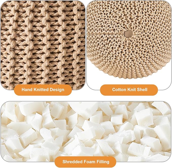 Pouf Ottoman Stuffed Round Modern Foam Filled Foot Rest Poufs for Living Room Chair Decorative 20 X 14 Inches Boho Relax Stool for Wedding Christmas Party, (Khaki, 20inch)