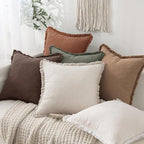 MIULEE Decorative Throw Pillow Covers Neutral Linen Fringe Throw Pillows Euro Shams Set of 2 Dark Brown Boho Farmhouse Cushion Covers for Couch Sofa Bed Living Room Spring Home Decor 22x22 Inch
