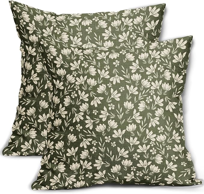 Olive Green Pillow Covers 20x20 Set of 2 Vintage Floral Rustic Old Style Cute Flower Print Decorative Outdoor Pillowcases Seasonal Farmhouse Throw Cushion Case Decor for Couch Sofa Bed