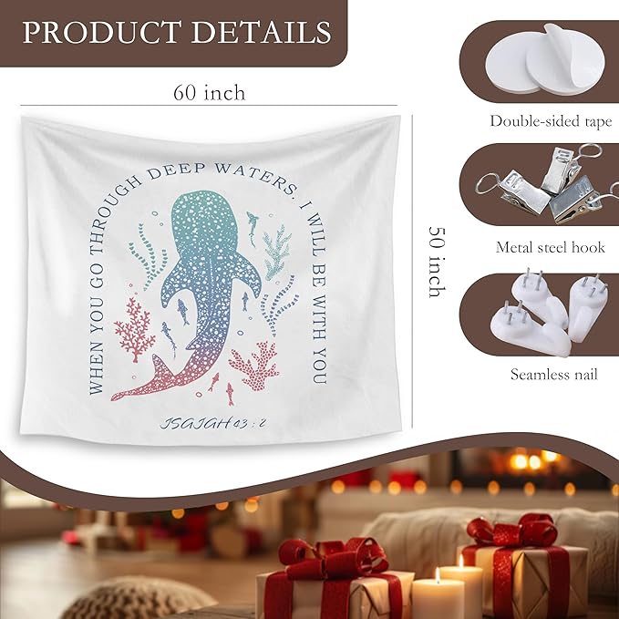 HUGANE Whale Shark Christian Tapestry, Isaiah 43:2 Bible Verse Tapestry Wall Hanging, Religious Bible Scripture Wall Blanket Backdrop Decor for Home Bedroom Living Room, 50x60 Inch,Color-A