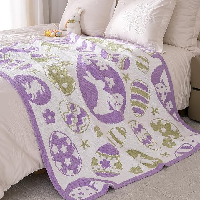Amélie Home Easter Bunny and Eggs Chenille Knit Throw Blanket for Couch, Cozy Soft Spring Themed Blankets for Sofa, Bed, Gift, 50"x60", Purple/Green