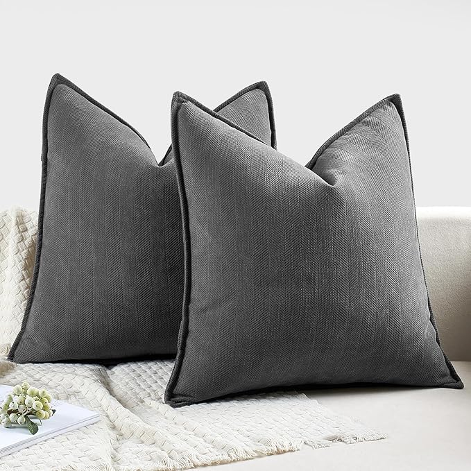MIULEE Pack of 2 Dark Grey Decorative Pillow Covers 24x24 Inch Soft Chenille Luxurious Couch Throw Pillows Farmhouse Cushion Covers Euro Shams with Elegant Design for Sofa Bed Living Room Home Decor
